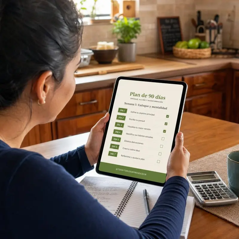 Persona siguiendo el plan de 90 días del manual SOS Deudas con cuaderno y calculadora