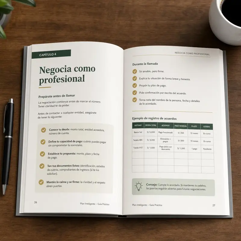 Páginas interiores del manual SOS Deudas con el capítulo Negocia como profesional y una tabla de acuerdos
